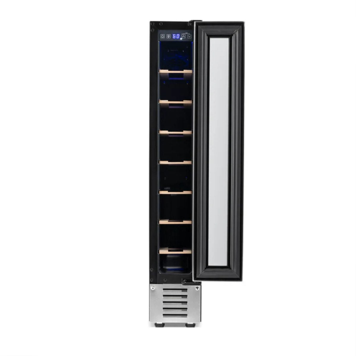 Newair 7 Bottle Built In Wine Fridge – 5.9" Stainless Steel - Front View - Empty Inside - Open Door