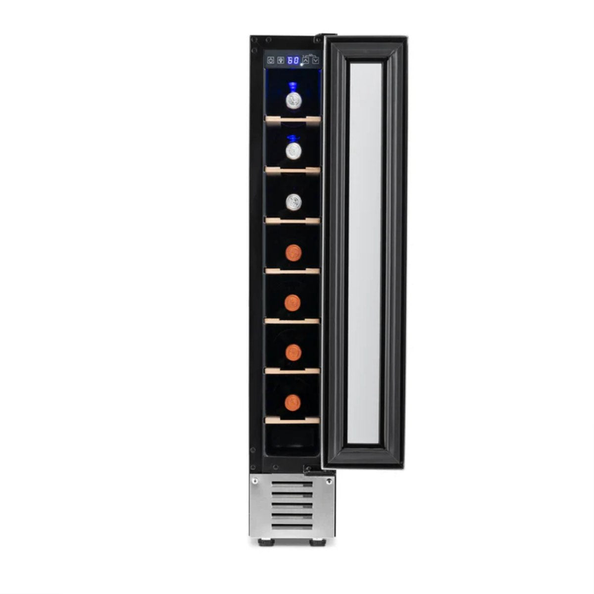 Newair 7 Bottle Built In Wine Fridge – 5.9" Stainless Steel - Front View - Loaded Shelves - Open Door