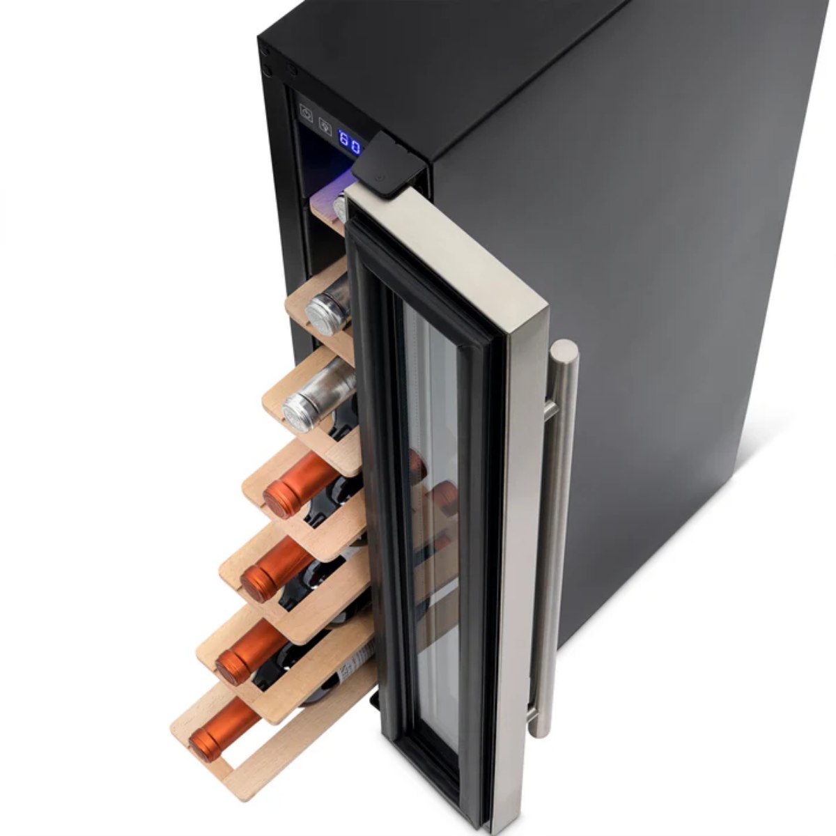 Newair 7 Bottle Built In Wine Fridge – 5.9" Stainless Steel - Top view of the fridge showing the beechwood racks with wines