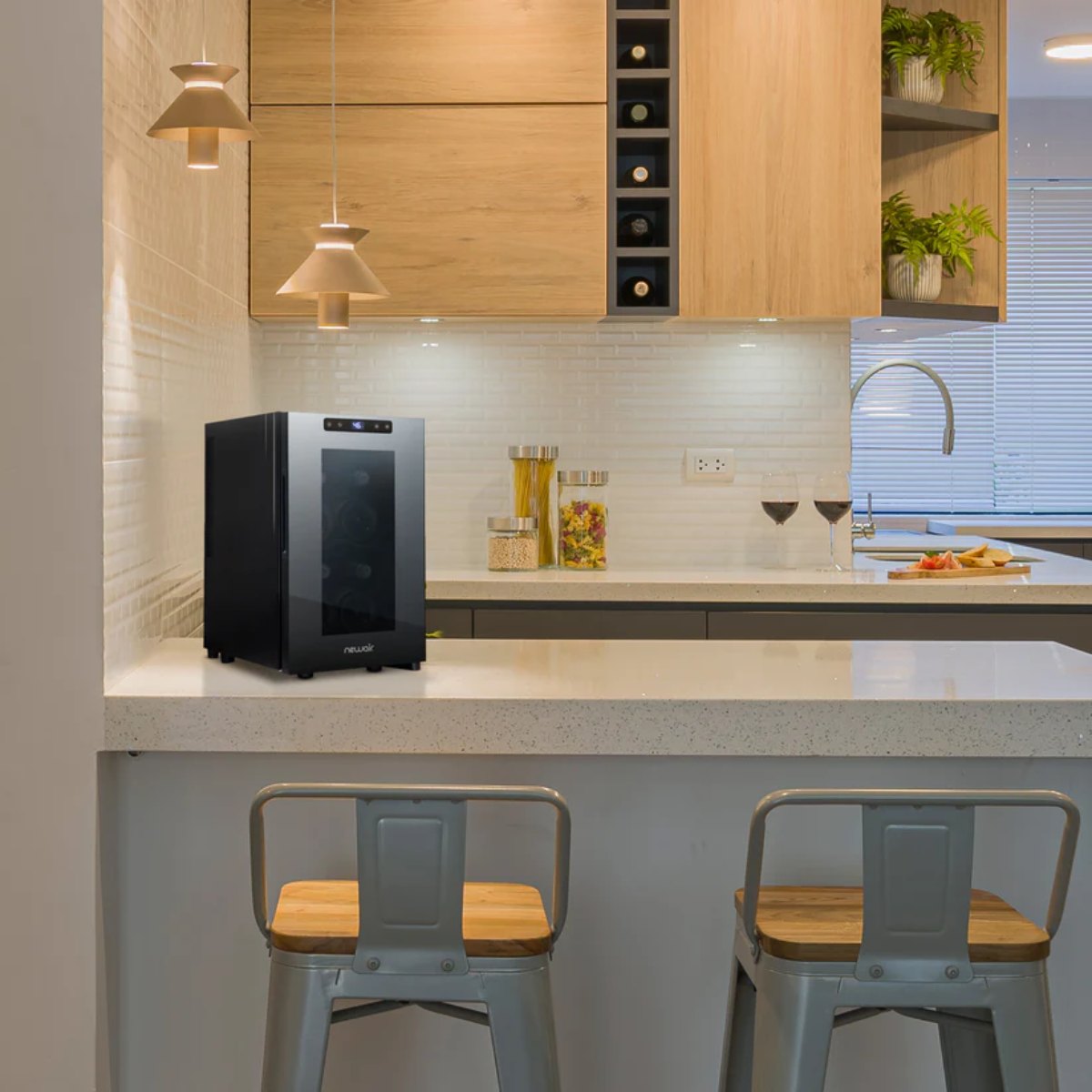 Newair 8 Bottle Shadow-T Series Wine Fridge – 10.2" Black - Compact Fridge shown on top of the nook