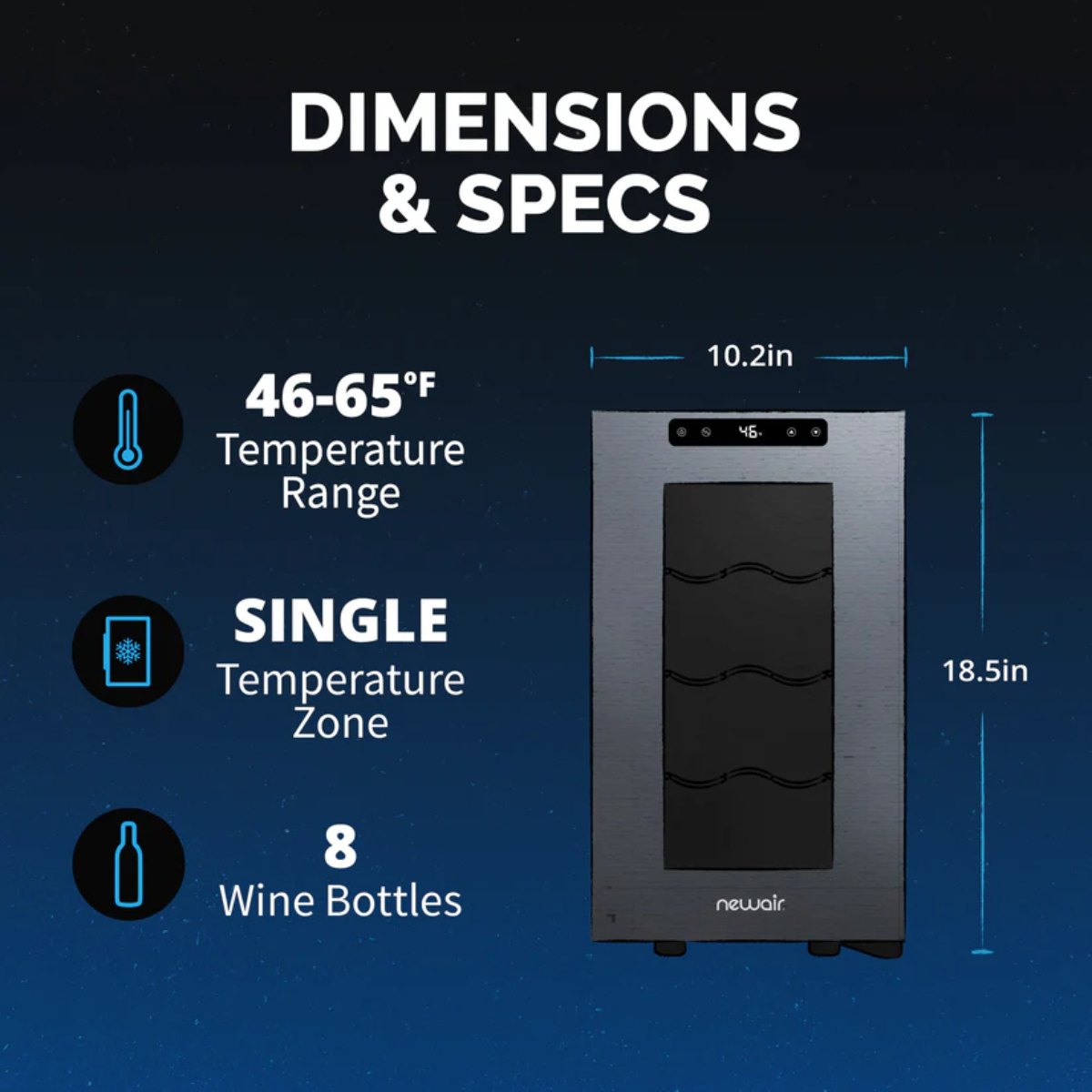 Newair 8 Bottle Shadow-T Series Wine Fridge – 10.2" Black - Dimensions and Specifications Shown