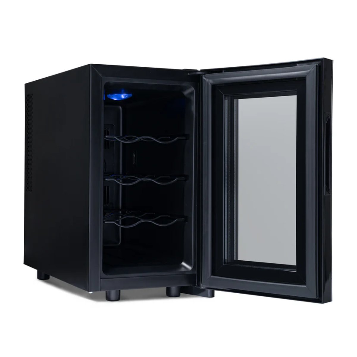 Newair 8 Bottle Shadow-T Series Wine Fridge – 10.2" Black - Front Left View - Open Door - Empty