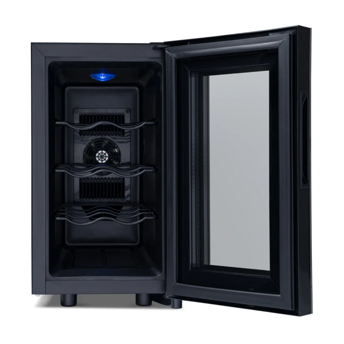Newair 8 Bottle Shadow-T Series Wine Fridge – 10.2" Black - Front View - Open Door - Empty