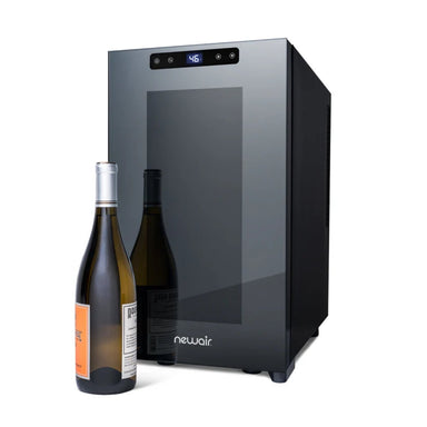 Newair 8 Bottle Shadow-T Series Wine Fridge – 10.2" Black - Front View with a bottle of wine shown