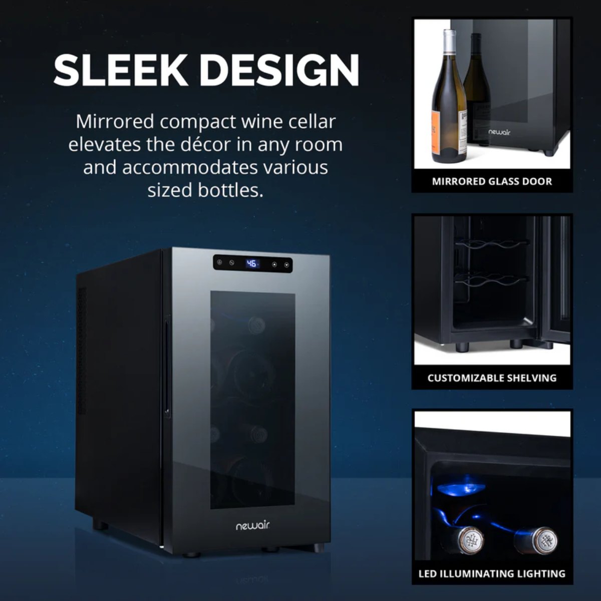 Newair 8 Bottle Shadow-T Series Wine Fridge – 10.2" Black - Sleek Design of the Fridge showing features