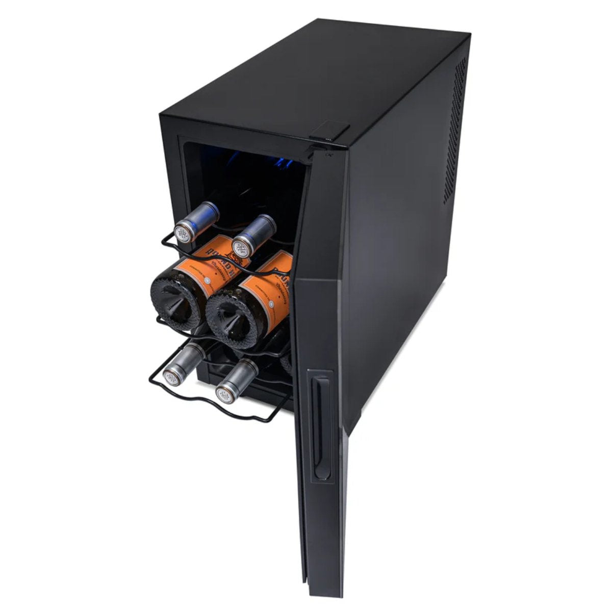 Newair 8 Bottle Shadow-T Series Wine Fridge – 10.2" Black - Top View with Wines shown - Opened