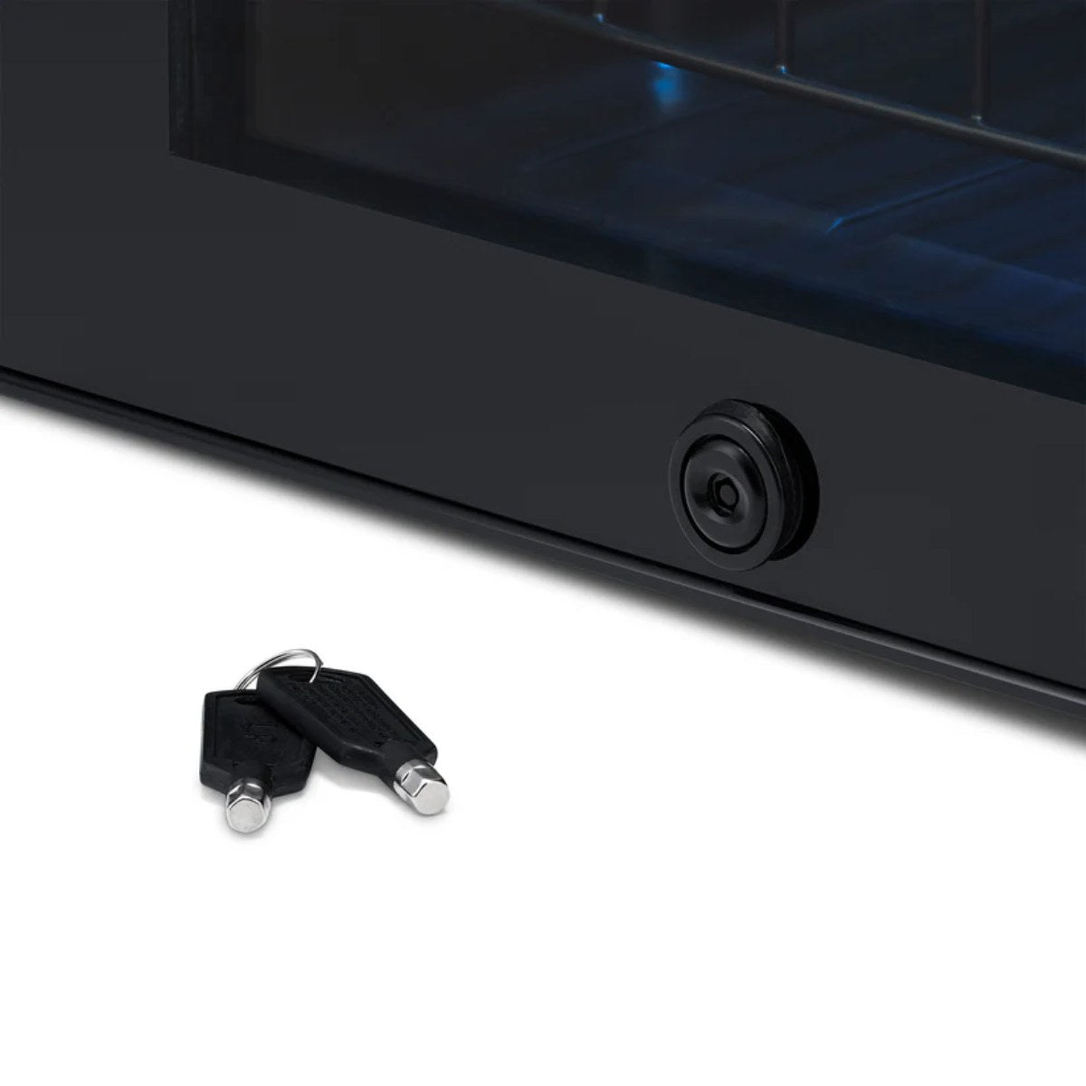 Newair 90-Can Freestanding Beverage Fridge – 17″ Black - Close up view of the lock with keys