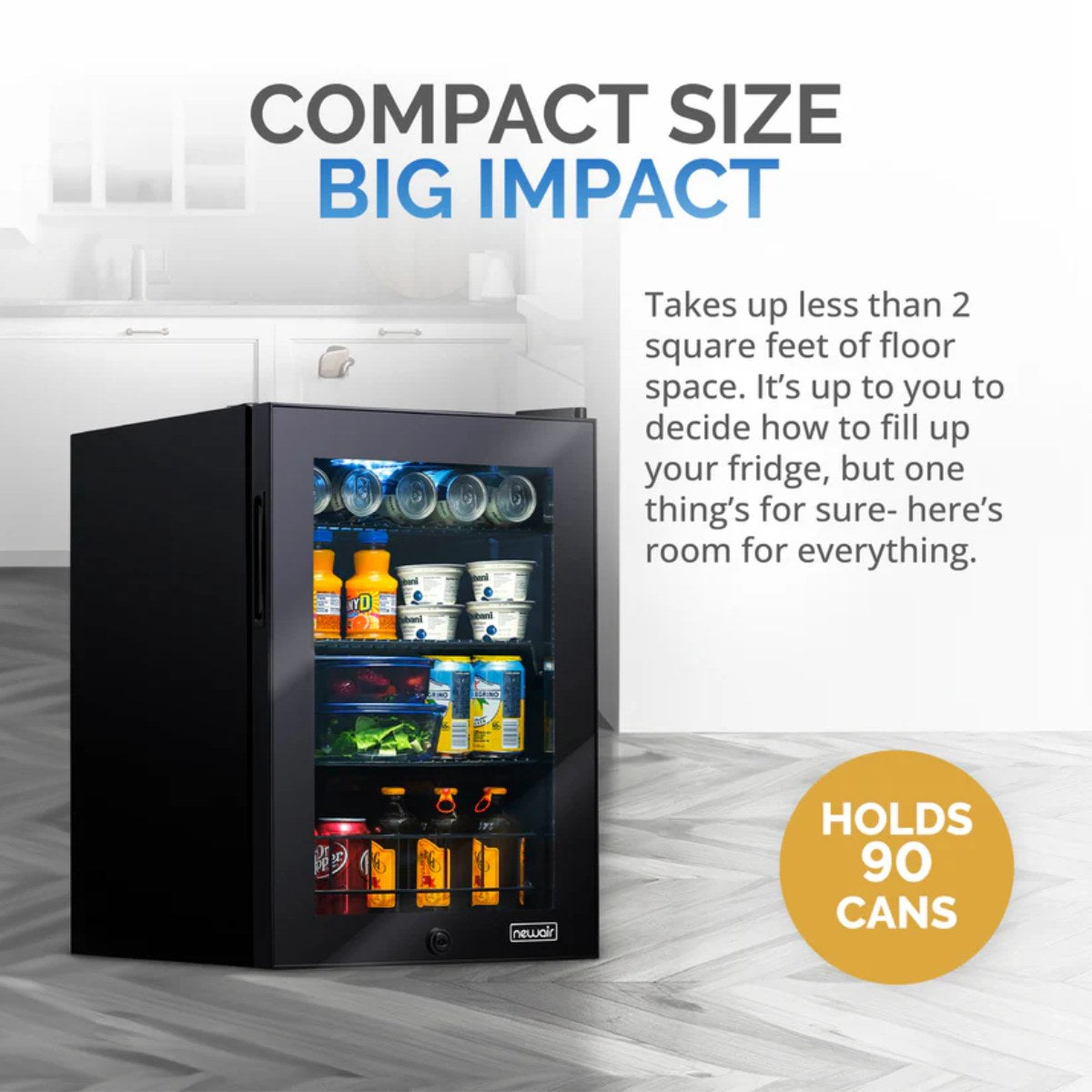 Newair 90-Can Freestanding Beverage Fridge – 17″ Black - Compact size big compact holds 90 cans