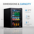 Newair 90-Can Freestanding Beverage Fridge – 17″ Black - Dimensions and Capacity of the fridge shown