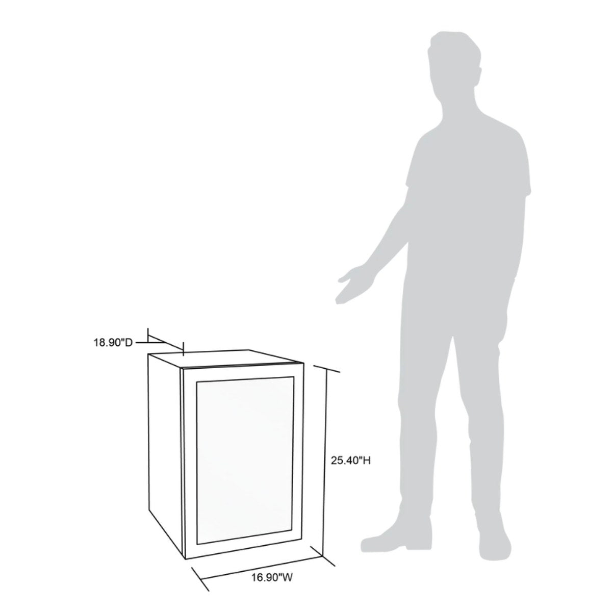 Newair 90-Can Freestanding Beverage Fridge – 17″ Black - Dimensions of the fridge in comparison to a human height