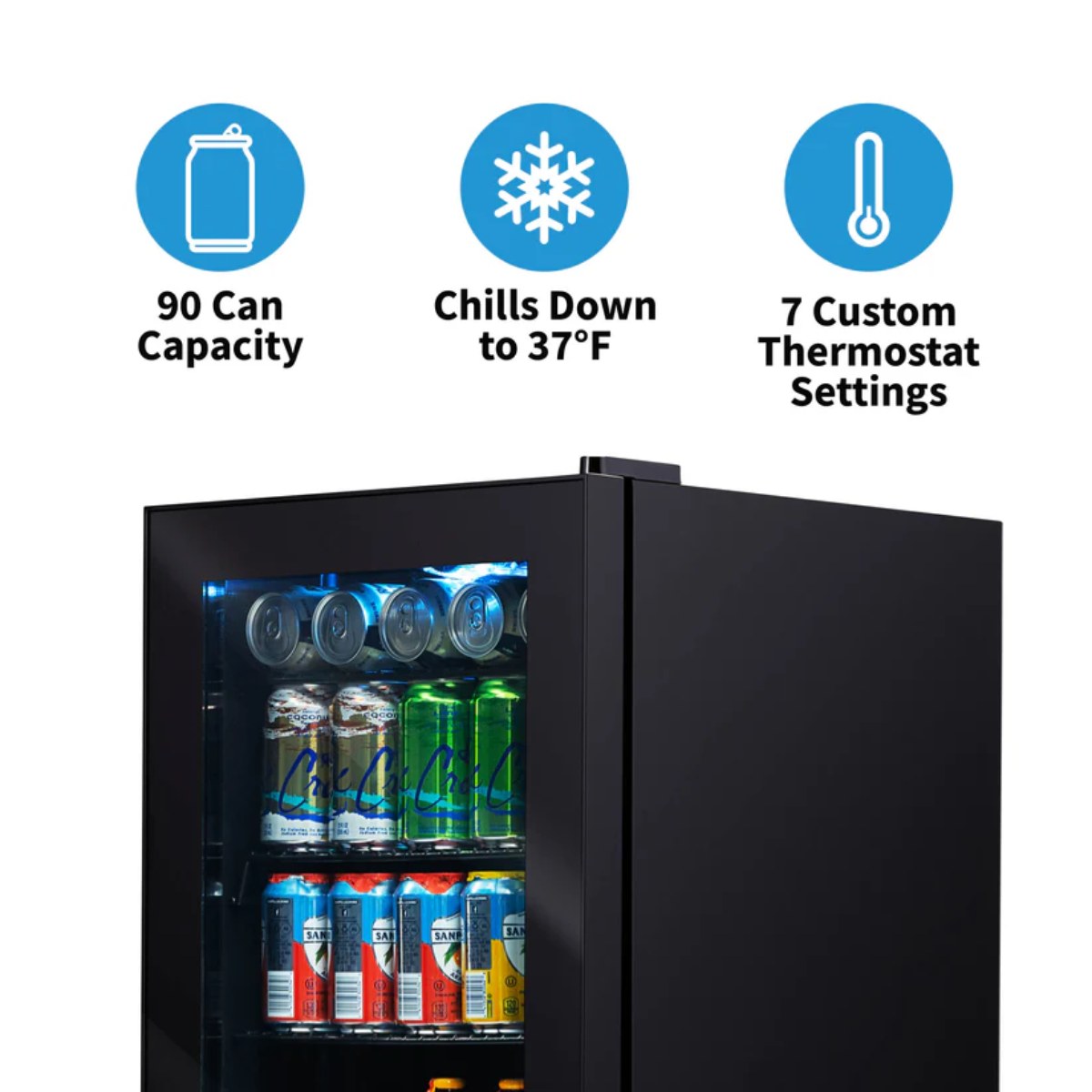 Newair 90-Can Freestanding Beverage Fridge – 17″ Black - Features of the fridge shown