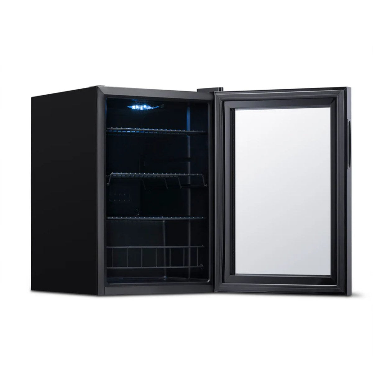 Newair 90-Can Freestanding Beverage Fridge – 17″ Black - Front left view empty inside open door