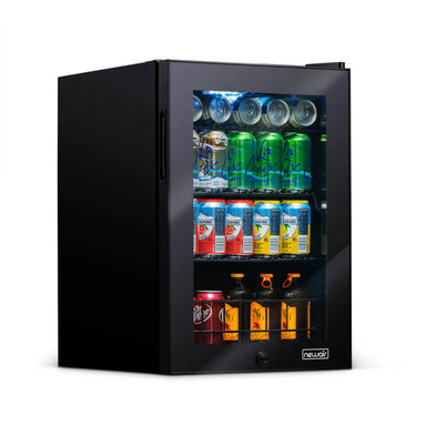 Newair 90-Can Freestanding Beverage Fridge – 17″ Black - Front left view loaded inside closed door