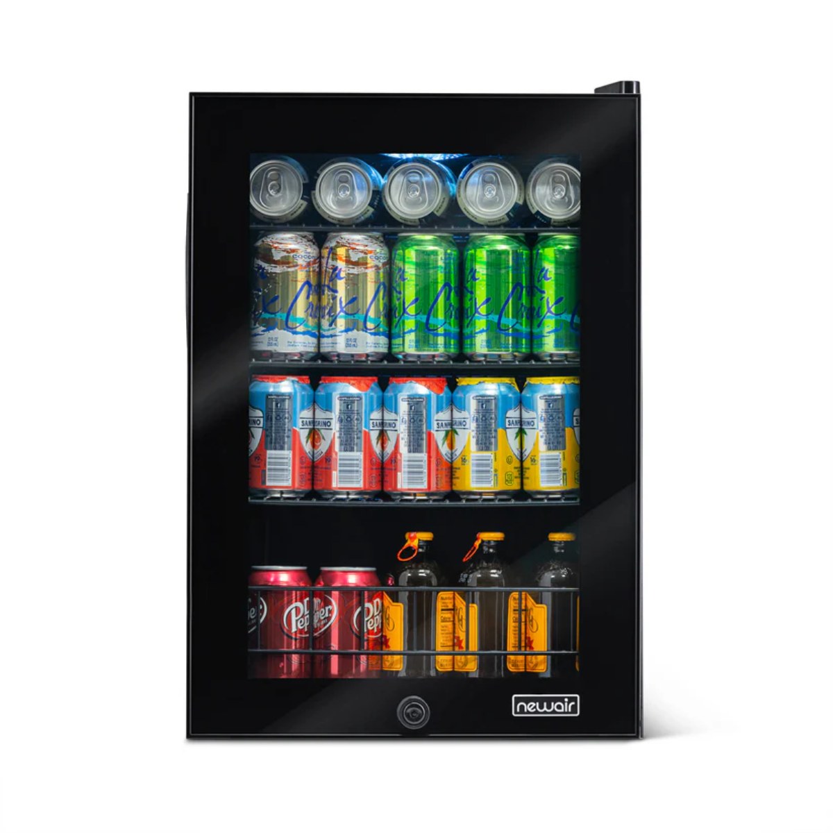 Newair 90-Can Freestanding Beverage Fridge – 17″ Black - Front view loaded inside closed door