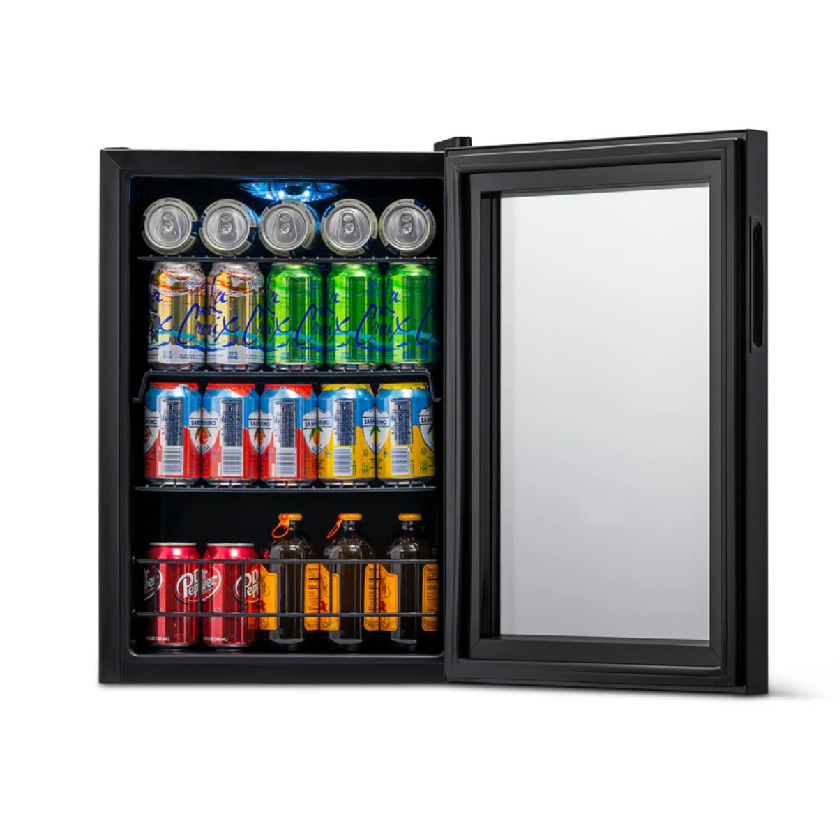 Newair 90-Can Freestanding Beverage Fridge – 17″ Black - Front view loaded inside open door