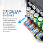 Newair 90-Can Freestanding Beverage Fridge – 17″ Black - Removable and Adjustable Shelves with details shown