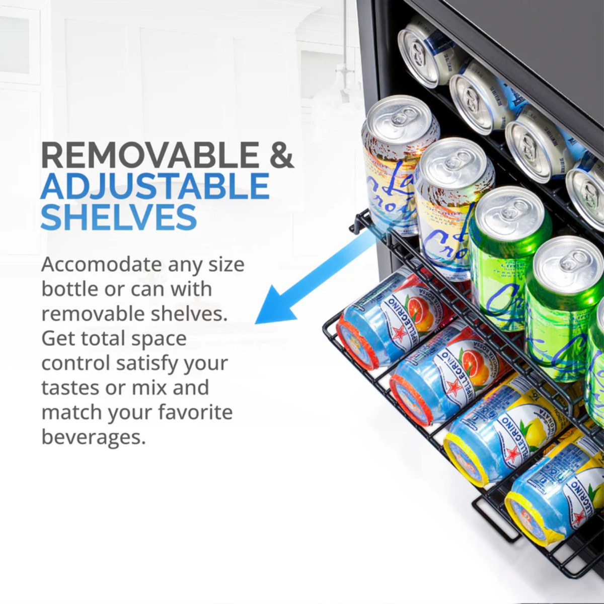 Newair 90-Can Freestanding Beverage Fridge – 17″ Black - Removable and Adjustable Shelves with details shown