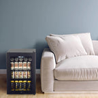Newair 90-Can Freestanding Beverage Fridge – 17″ Black - beverage fridge beside a beige sofa in a modern living room