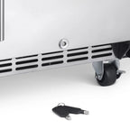 Newair 90-Can Outdoor Beverage Fridge – 15″ Built-In/Freestanding - Close up of the lock, keys and caster
