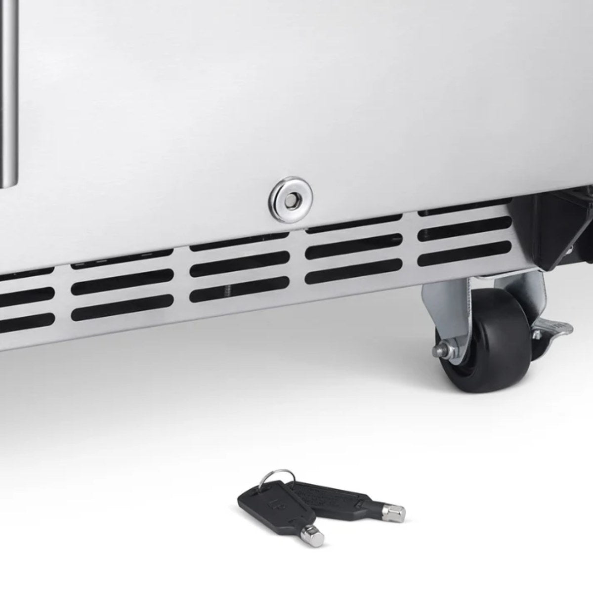 Newair 90-Can Outdoor Beverage Fridge – 15″ Built-In/Freestanding - Close up of the lock, keys and caster