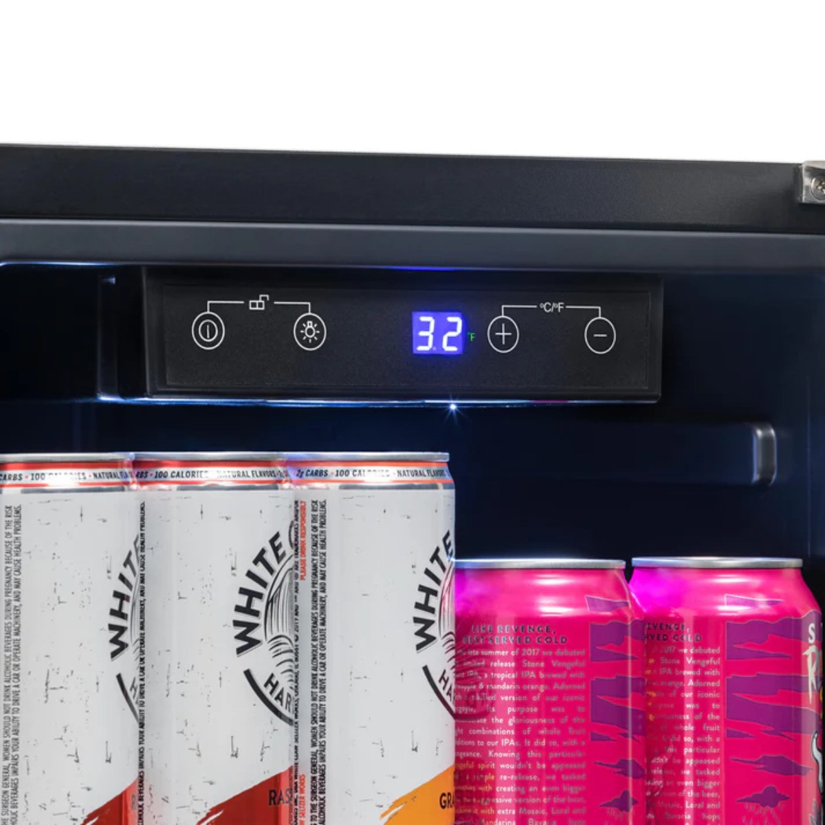 Newair 90-Can Outdoor Beverage Fridge – 15″ Built-In/Freestanding - Close up view of the digital thermostat with controls