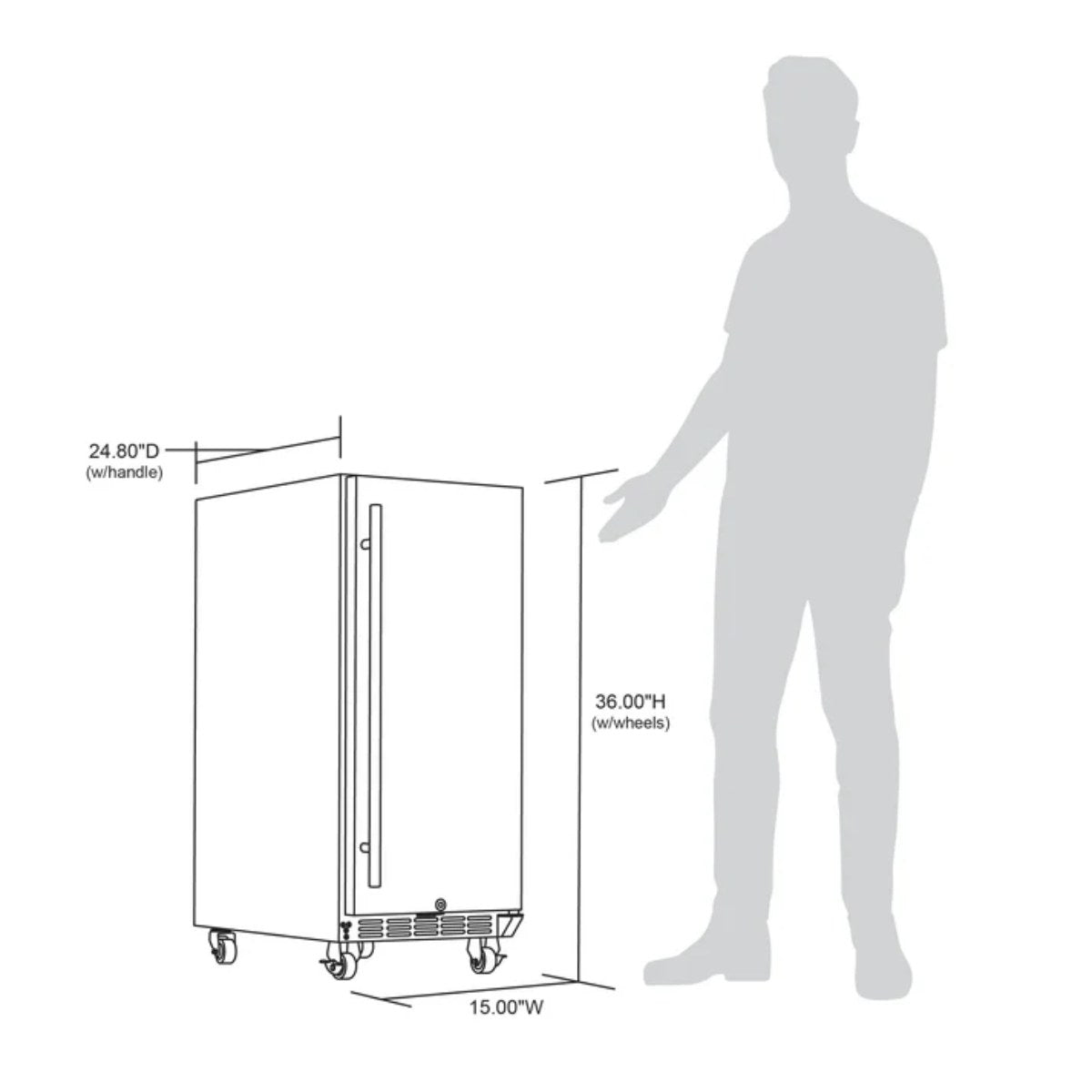 Newair 90-Can Outdoor Beverage Fridge – 15″ Built-In/Freestanding - Dimensions of the fridge shown in comparison to human height