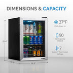 Newair 90 Can Freestanding Beverage Fridge – 17" Stainless Steel - Dimensions and capacity shown