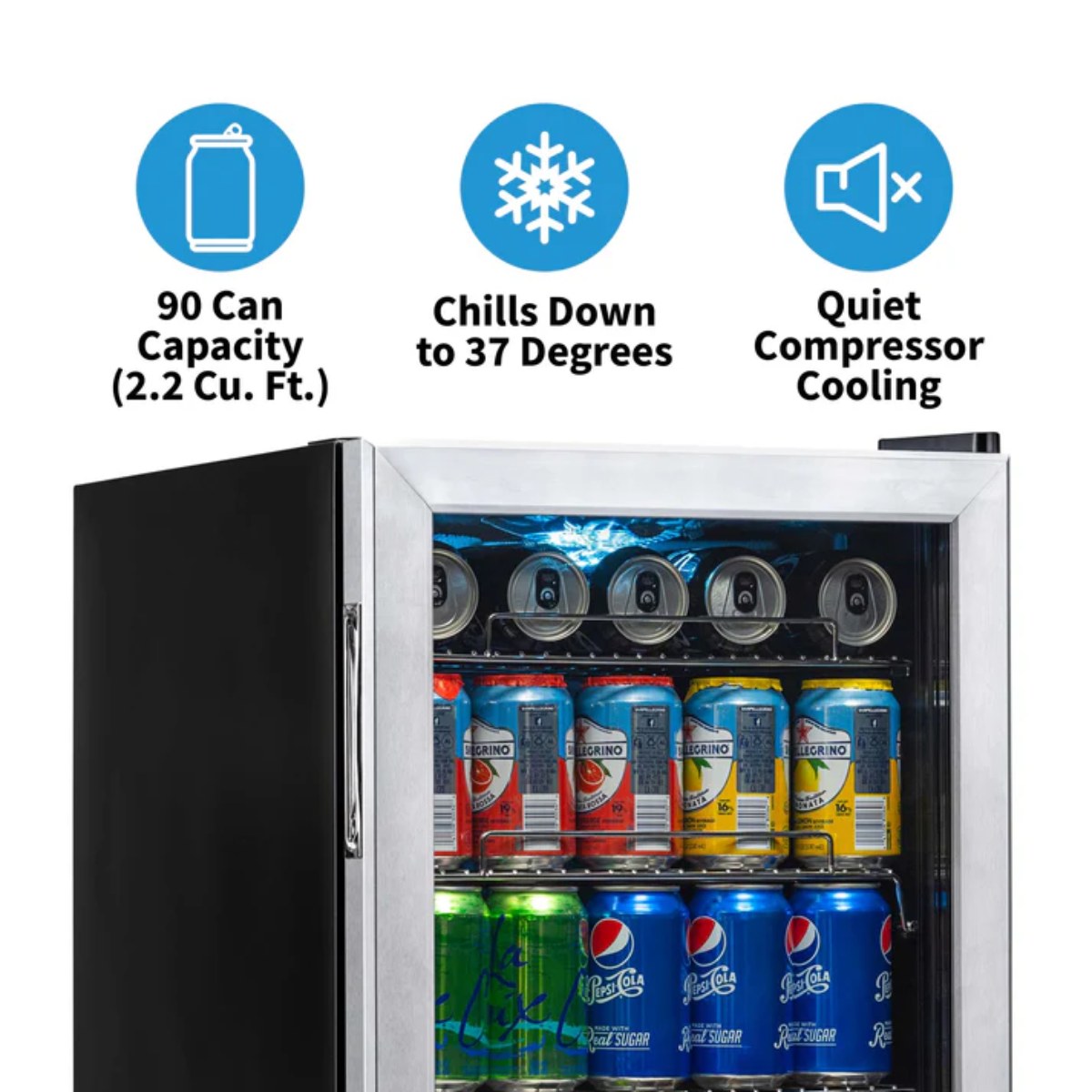 Newair 90 Can Freestanding Beverage Fridge – 17" Stainless Steel - Features of the fridge shown