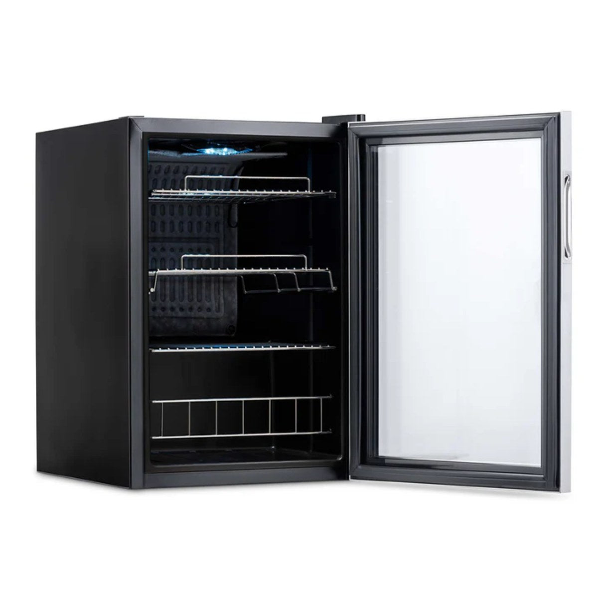 Newair 90 Can Freestanding Beverage Fridge – 17" Stainless Steel - Front left view empty inside open door
