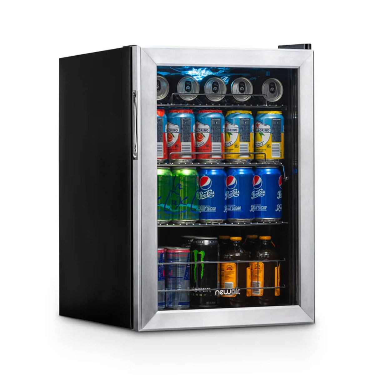 Newair 90 Can Freestanding Beverage Fridge – 17" Stainless Steel - Front left view loaded inside closed door