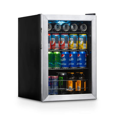 Newair 90 Can Freestanding Beverage Fridge – 17" Stainless Steel - Front left view loaded inside closed door