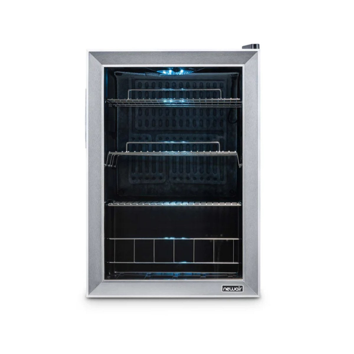 Newair 90 Can Freestanding Beverage Fridge – 17" Stainless Steel - Front view empty inside closed door