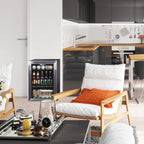 Newair 90 Can Freestanding Beverage Fridge – 17" Stainless Steel - beverage fridge in a bright modern living room beside a lounge chair