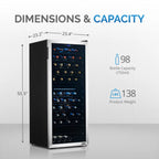 Newair 98 Bottle Dual Zone Wine Fridge – 23" Stainless Steel - Dimensions and Capacity Shown