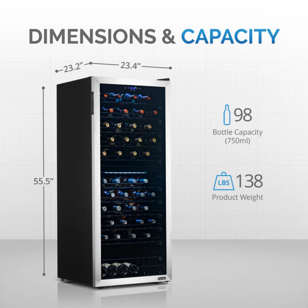 Newair 98 Bottle Dual Zone Wine Fridge – 23" Stainless Steel - Dimensions and Capacity Shown