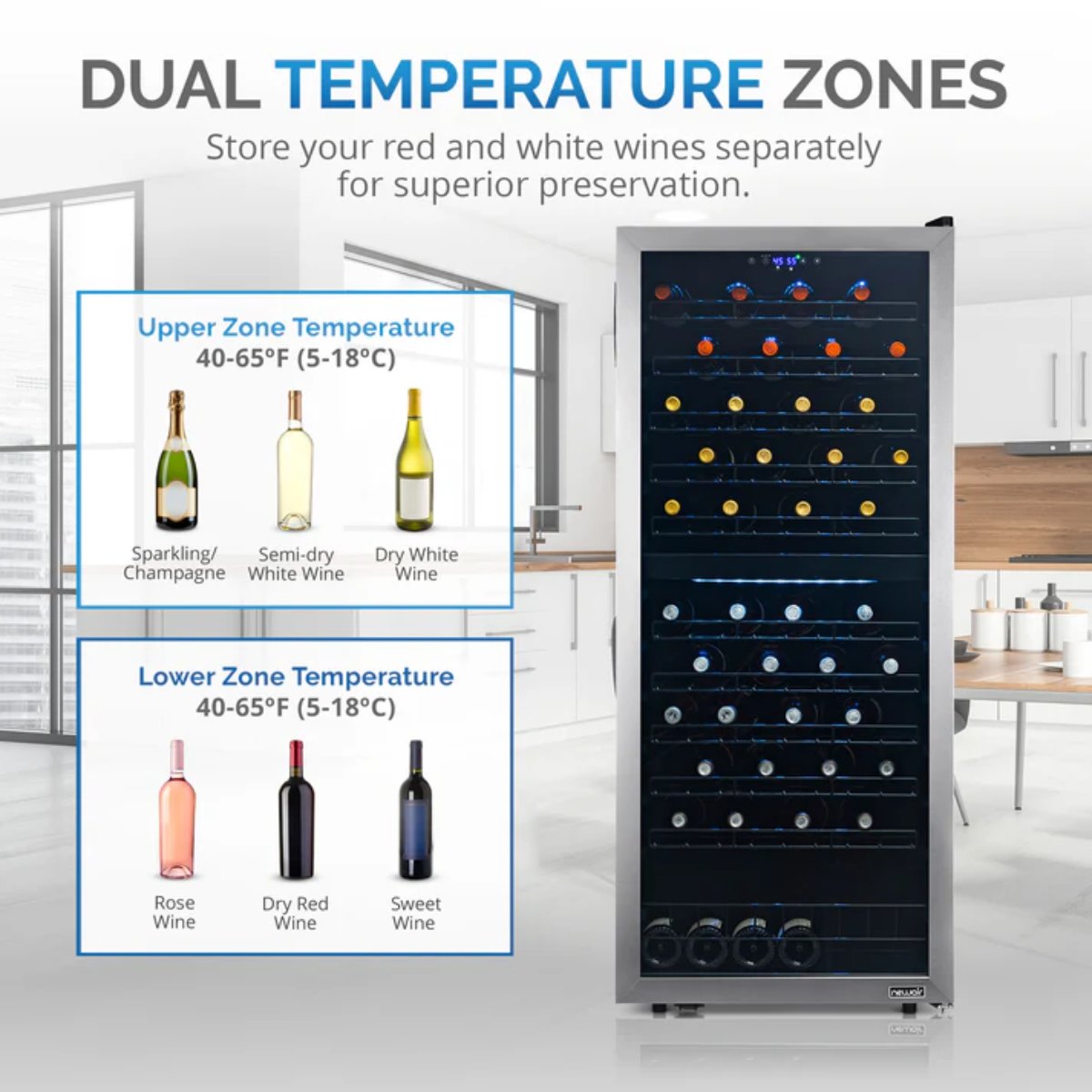 Newair 98 Bottle Dual Zone Wine Fridge – 23" Stainless Steel - Dual Temperature Zones Upper and Lower