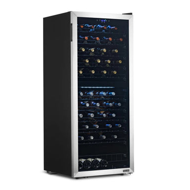 Newair 98 Bottle Dual Zone Wine Fridge – 23" Stainless Steel - Front Left View - Loaded Shelves - Closed Door