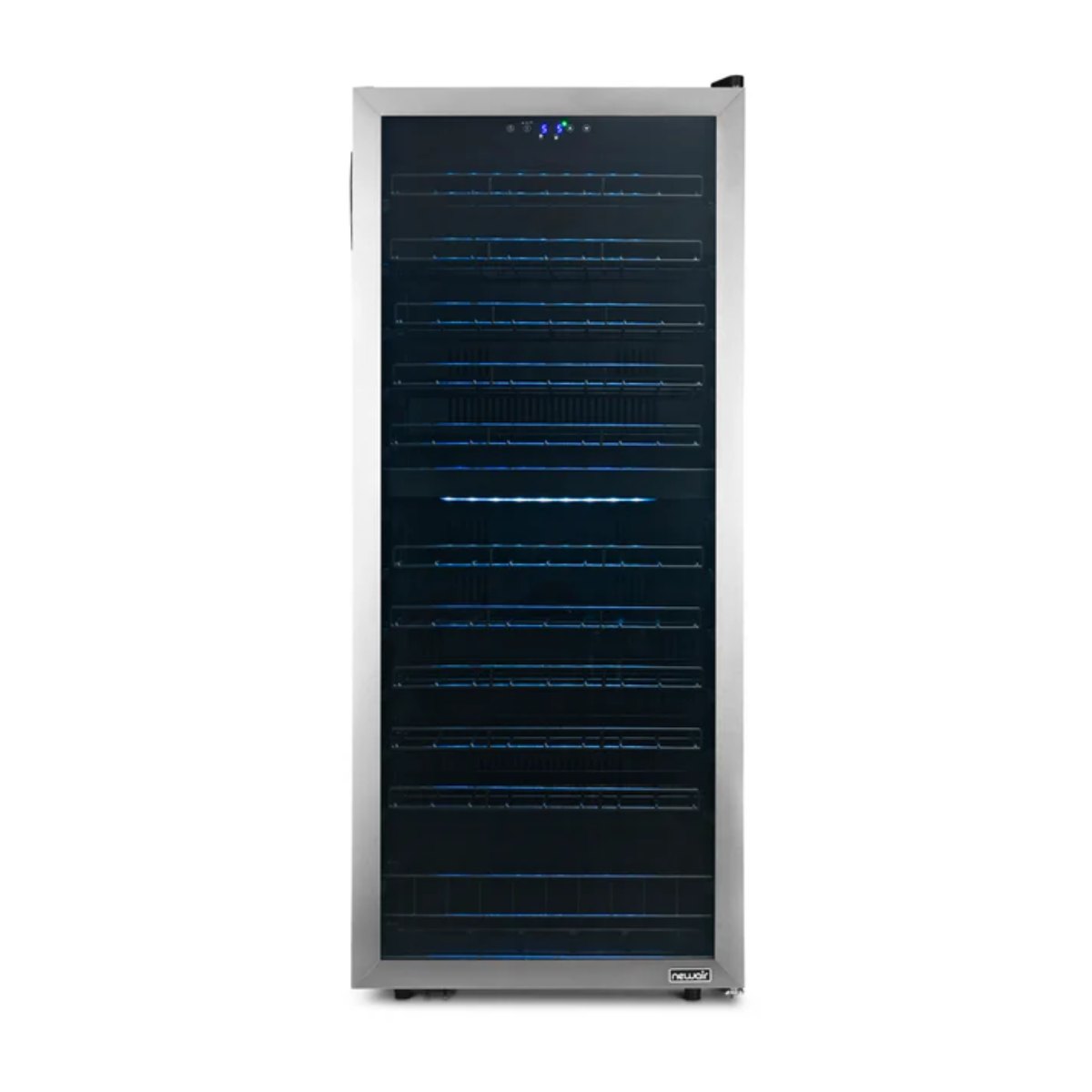 Newair 98 Bottle Dual Zone Wine Fridge – 23" Stainless Steel - Front View - Empty Shelves - Closed Door