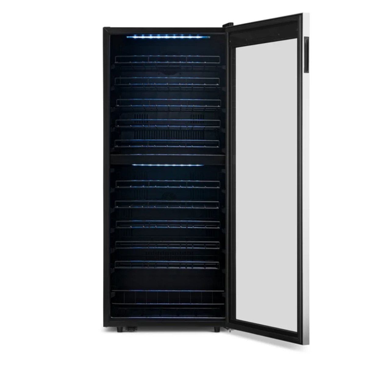 Newair 98 Bottle Dual Zone Wine Fridge – 23" Stainless Steel - Front View - Empty Shelves - Open Door