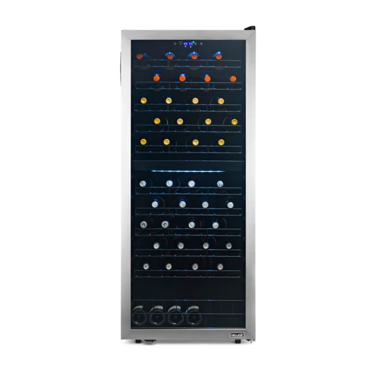 Newair 98 Bottle Dual Zone Wine Fridge – 23" Stainless Steel - Front View - Loaded Shelves - Closed Door