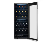Newair 98 Bottle Dual Zone Wine Fridge – 23" Stainless Steel - Front View - Loaded Shelves - Open Door