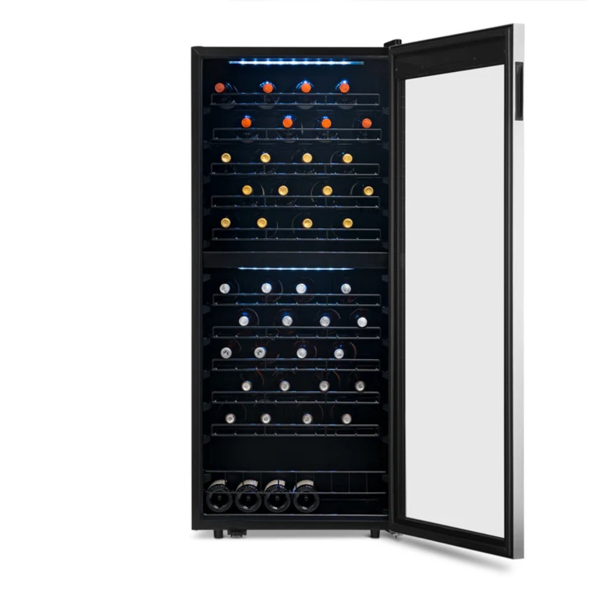 Newair 98 Bottle Dual Zone Wine Fridge – 23" Stainless Steel - Front View - Loaded Shelves - Open Door
