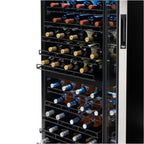 Newair 98 Bottle Dual Zone Wine Fridge – 23" Stainless Steel - Side view of the adjustable shelves with wines