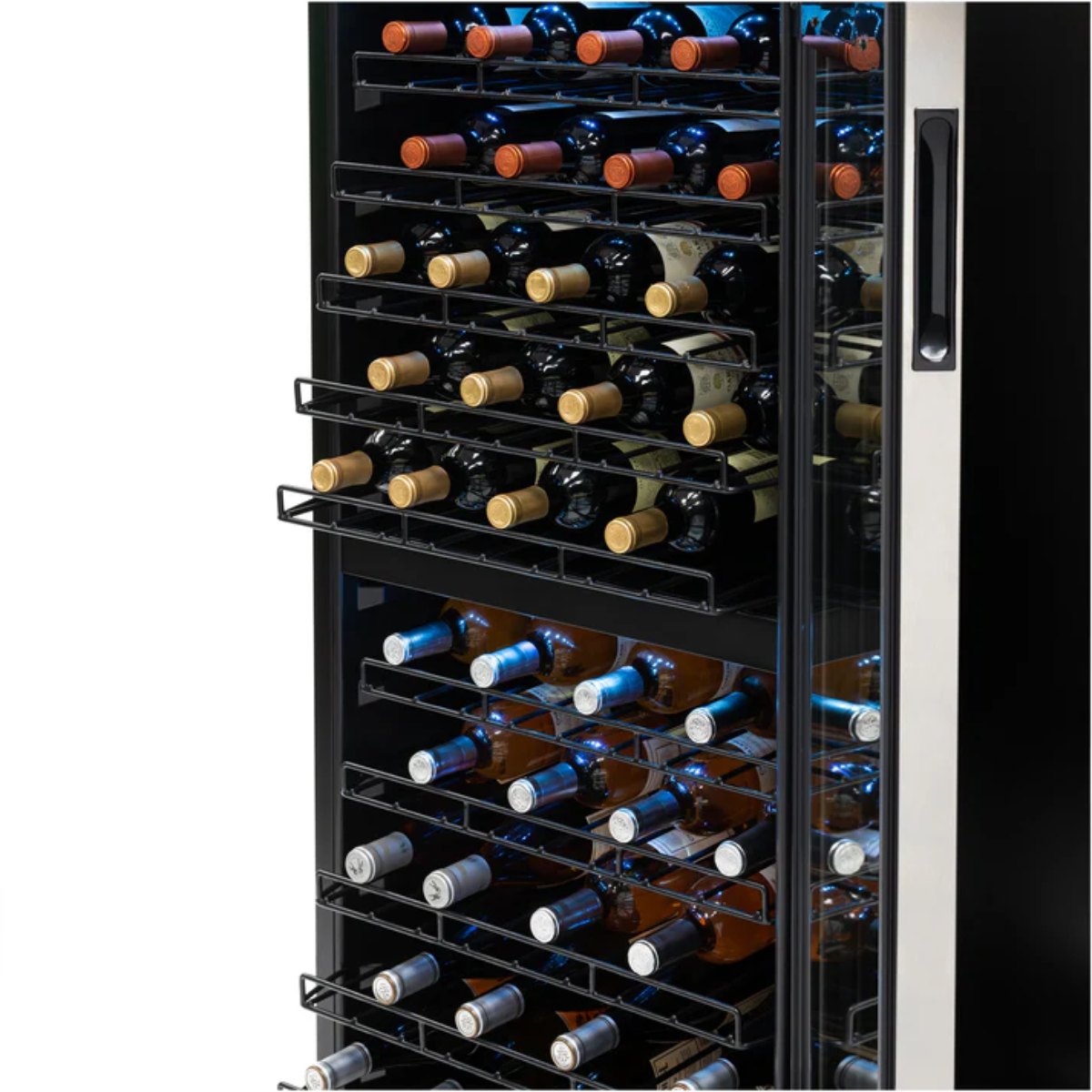Newair 98 Bottle Dual Zone Wine Fridge – 23" Stainless Steel - Side view of the adjustable shelves with wines