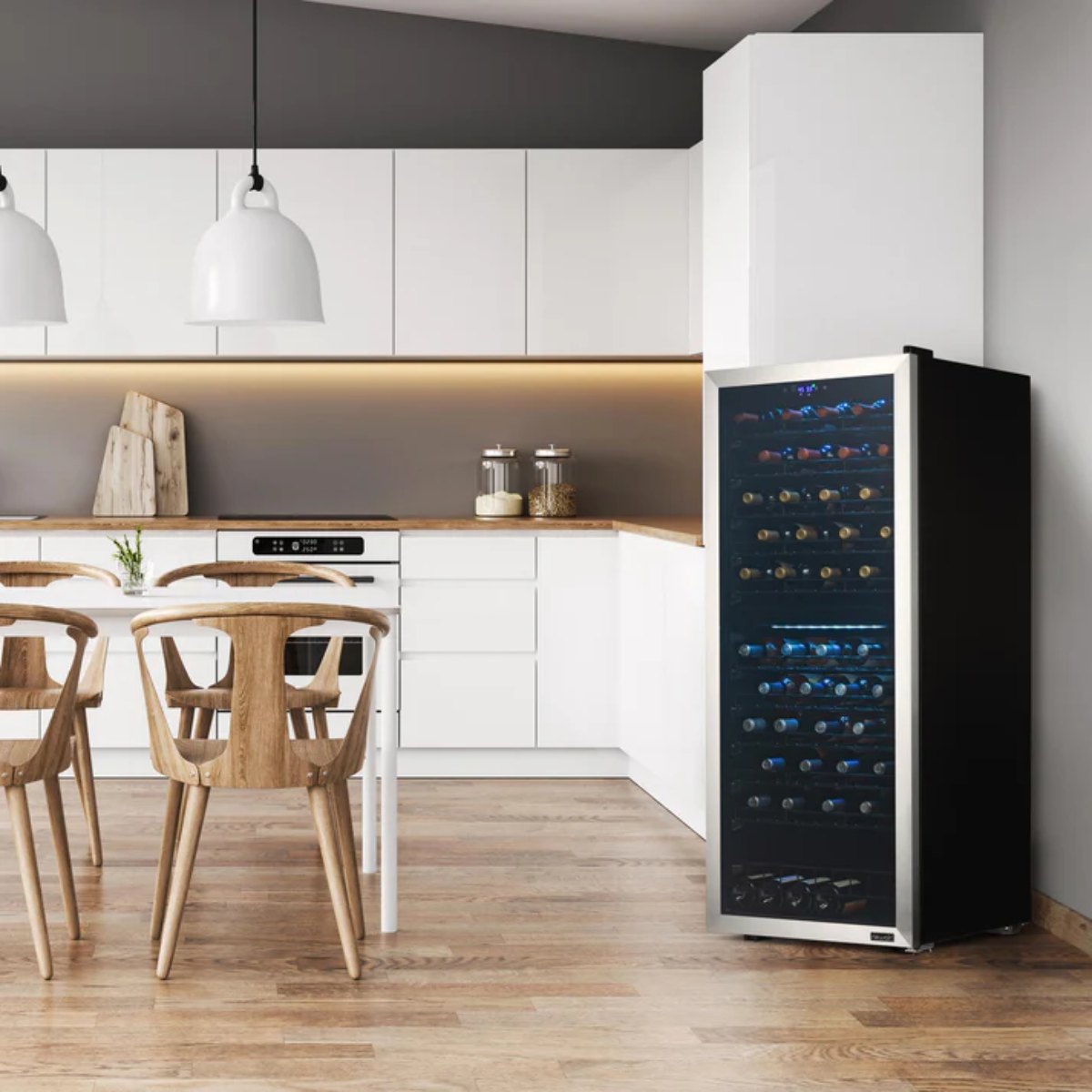 Newair 98 Bottle Dual Zone Wine Fridge – 23" Stainless Steel - Wine Fridge shown in the Kitchen Corner