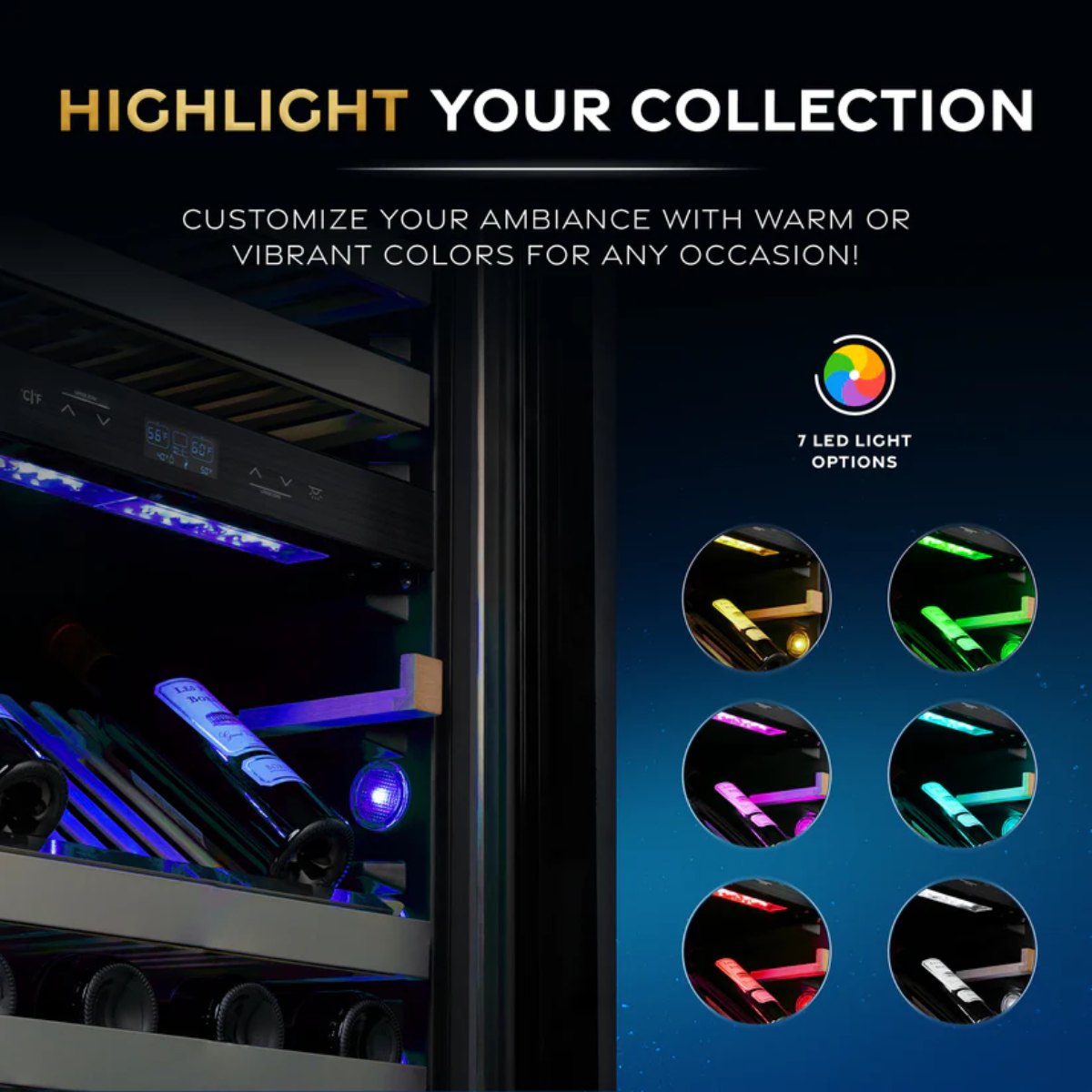Newair ESTATE 160 Bottle Wine Fridge – 29" Stainless Steel - 7 Light options Shown