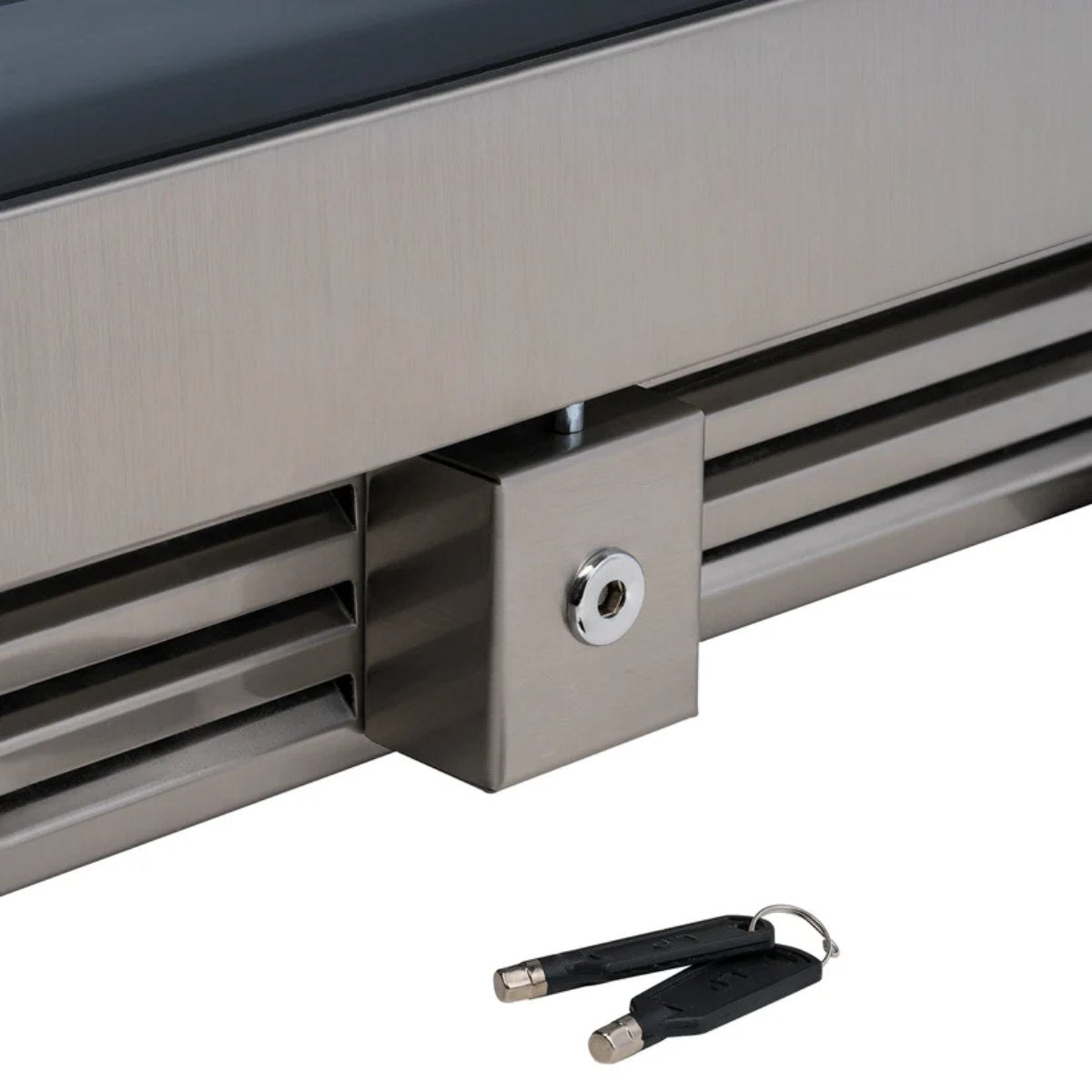 Newair ESTATE 160 Bottle Wine Fridge – 29" Stainless Steel - Close up view of the lock system with keys