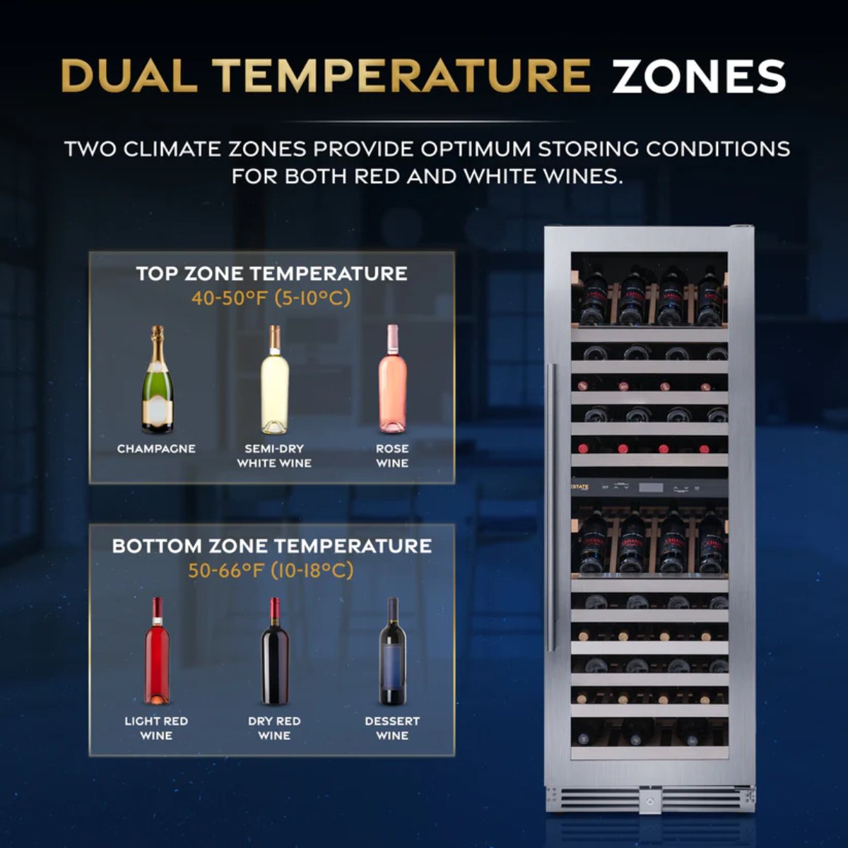 Newair ESTATE 160 Bottle Wine Fridge – 29" Stainless Steel - Dual Temperature Zones shown 