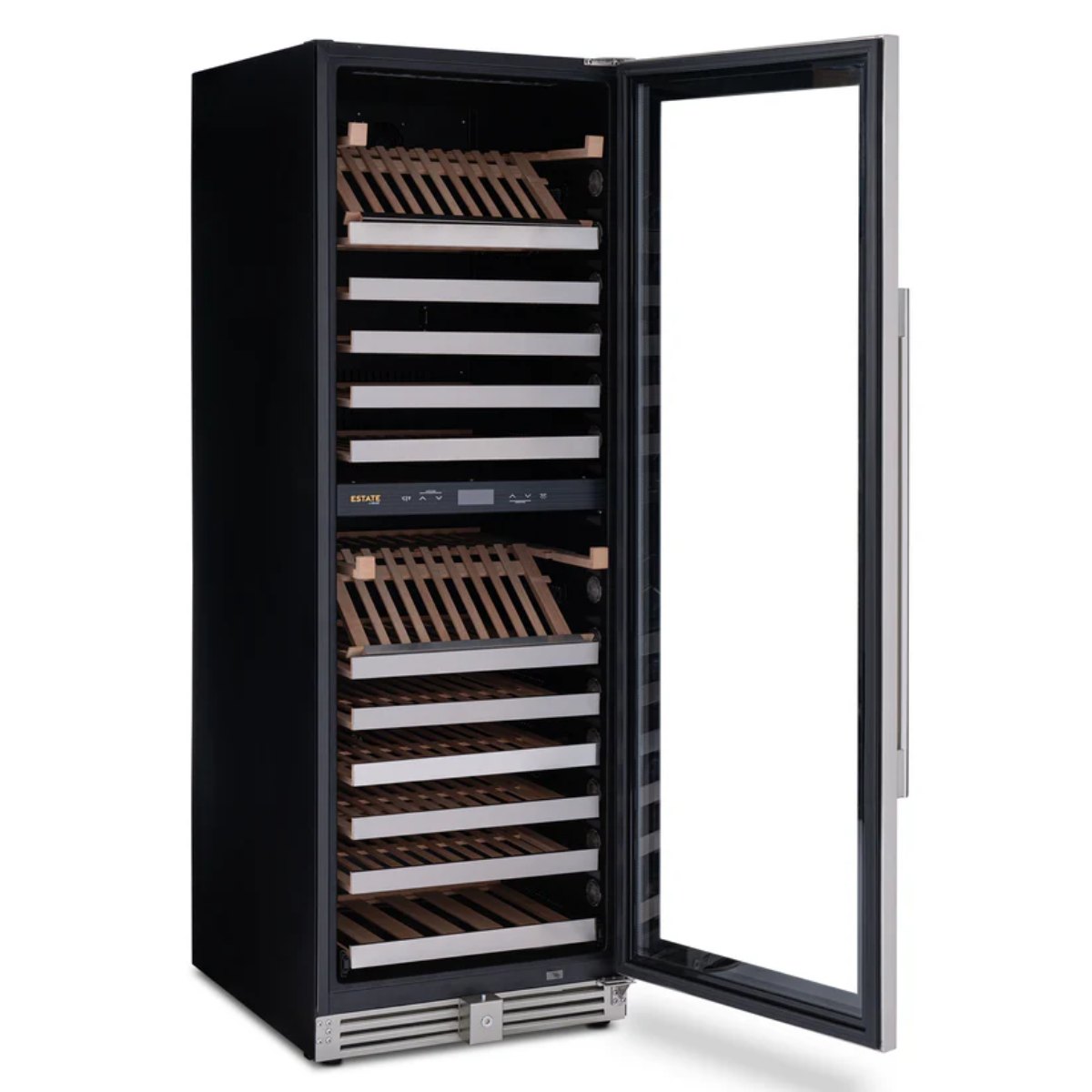 Newair ESTATE 160 Bottle Wine Fridge – 29" Stainless Steel - Front Left View - Empty Shelves - Opened