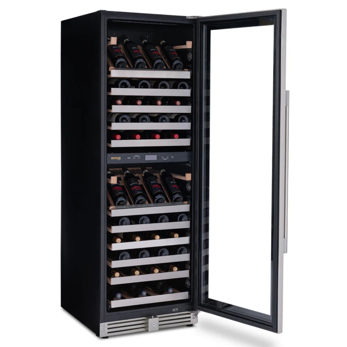 Newair ESTATE 160 Bottle Wine Fridge – 29" Stainless Steel - Front Left View - Loaded Shelves - Opened